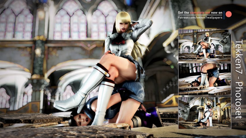 2girls 3d absurdres blonde_hair boots breasts brown_hair domination emilie_de_rochefort femdom hand_on_hair hand_on_head heel_boots heels helpless highres human_chair kazama_asuka legs legs_crossed sitting_on_person smile tekken tekken7wallpapers tekken_7 white_boots