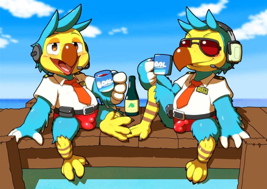 alcohol amber_eyes animal_crossing anthro avian barefoot belt beverage bird blue_body blue_feathers blush brother brothers bulge clothing cloud columbid cup dodo drunk duo eyewear feathers genital_outline half-closed_eyes headgear headphones headset hi_res male male_only nakayan narrowed_eyes necktie nintendo open_mouth orville_(animal_crossing) outside penis_outline pier sea shirt sibling sitting sky smile speedo spreading substance_intoxication sunglasses swimwear talons topwear video_games water wilbur_(animal_crossing) wine wine_bottle