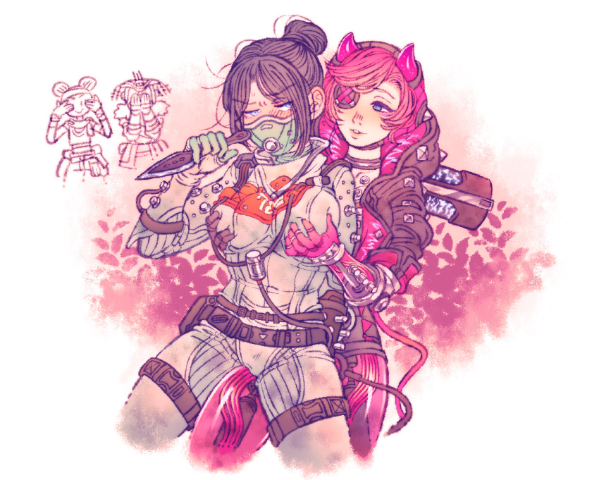 2d 2girls alternate_costume apex_legends black_hair blue_eyes blush blushing covering_eyes cyber_punked_wattson cyberpunked_wattson eyepatch fondling fondling_breast grabbing grabbing_breasts grabbing_from_behind hair_bun hd_mmk knife pink_hair thigh_sex voyeur watching wattson_(apex_legends) wraith_(apex_legends) wraith_quarantine_722 yuri