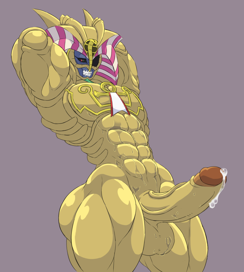 1boy abs bara black_sclera blue_body blue_skin bodily_fluids cheese_cake egyptian erection exodia exodia_the_forbidden_one genital_fluids genitals gold_skin hi_res hieroglyphics humanoid humanoid_genitalia humanoid_penis looking_at_viewer male male_only monster monster_boy mummy muscular muscular_male nude precum red_eyes shounen_jump simple_background solo sweat undead yu-gi-oh! yuu-gi-ou_duel_monsters