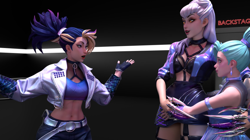 3d 3d_(artwork) abs akali_jhomen_tethi blender blender_(software) blender_cycles blonde_hair blue_hair erevos evelynn hugging image_set k/da_all_out_akali k/da_all_out_evelynn k/da_all_out_seraphine k/da_all_out_series league_of_legends seraphine_(league_of_legends) surprised teal_hair textless_version two_tone_hair white_hair yellow_eyes