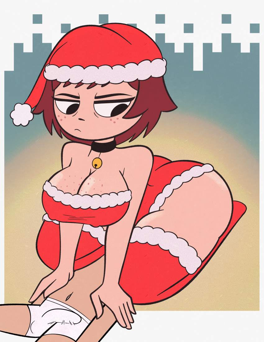 1boy 1girls bell bell_collar black_eyes christmas christmas_hat christmas_headwear christmas_outfit codykins123 facesitting female female_on_top freckles freckles_on_breasts freckles_on_face kim_pine kneeling legwear male nipple_bulge pawg red_hair red_legwear scott_pilgrim short_hair stockings thighhighs