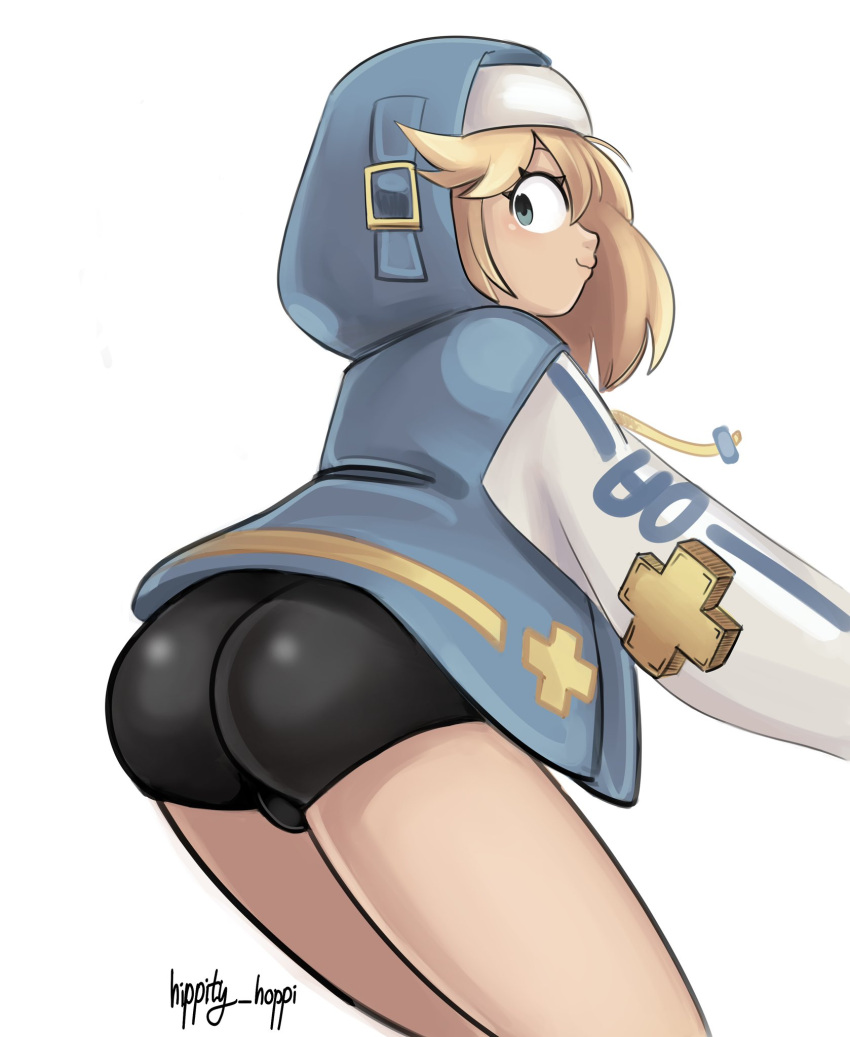 1boy artist_signature ass ass_focus backsack balls bike_shorts blonde_hair blue_eyes bridget bulge butt_focus crossdressing femboy guilty_gear hippity_hoppi hoodie otoko_no_ko presenting_hindquarters trap