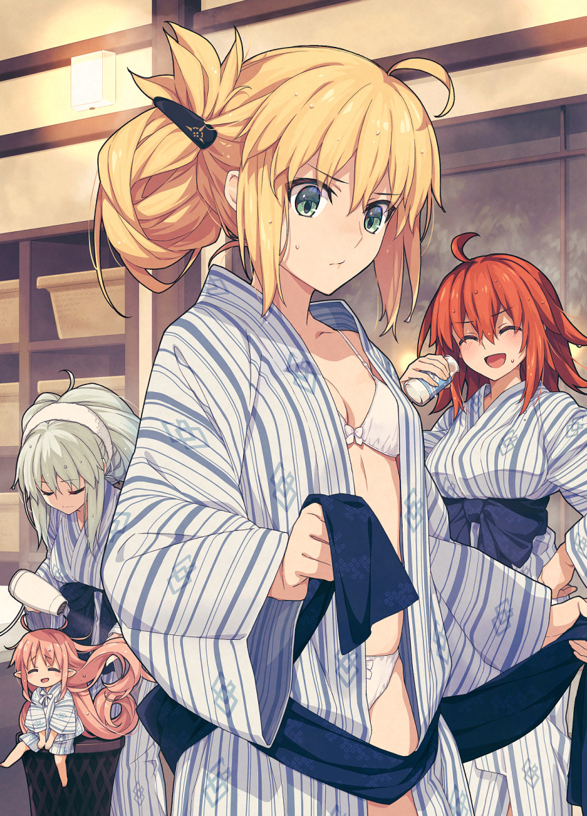 4girls after_bathing ahoge alternate_costume alternate_hairstyle artoria_caster_(fate) artoria_pendragon_(fate) bath_yukata blonde_hair blush bottle bra breasts chaldea_logo closed_eyes dressing drying drying_hair fate/grand_order fate_(series) fujimaru_ritsuka_(female) green_eyes habetrot_(fate) hair_between_eyes hair_dryer hair_ornament hairclip hand_on_own_hip highres holding holding_bottle japanese_clothes kimono long_hair long_sleeves looking_down medium_breasts milk milk_bottle morgan_le_fay_(fate) multiple_girls open_clothes open_kimono open_mouth orange_hair panties pointy_ears ponytail saipaco short_hair small_breasts smile striped_clothes striped_kimono underwear updo vertical-striped_clothes vertical-striped_kimono very_long_hair wet wet_hair white_bra white_panties yukata