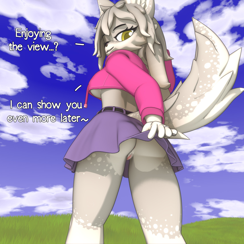 3d absurd_res anthro blender_(software) blender_eevee bottomless_skirt bottomwear breasts canid canine clothed clothing clothing_lift cloud english_text female fox fur genitals grass hair hi_res kaya_the_vixen kemono looking_at_viewer looking_back looking_back_at_viewer mammal nolanhaldam open_mouth outside partially_clothed plant presenting public public_nudity pussy raised_bottomwear raised_clothing raised_skirt rear_view skirt skirt_lift sky smile solo solo_focus tail text true_fox under_boob white_body white_fur