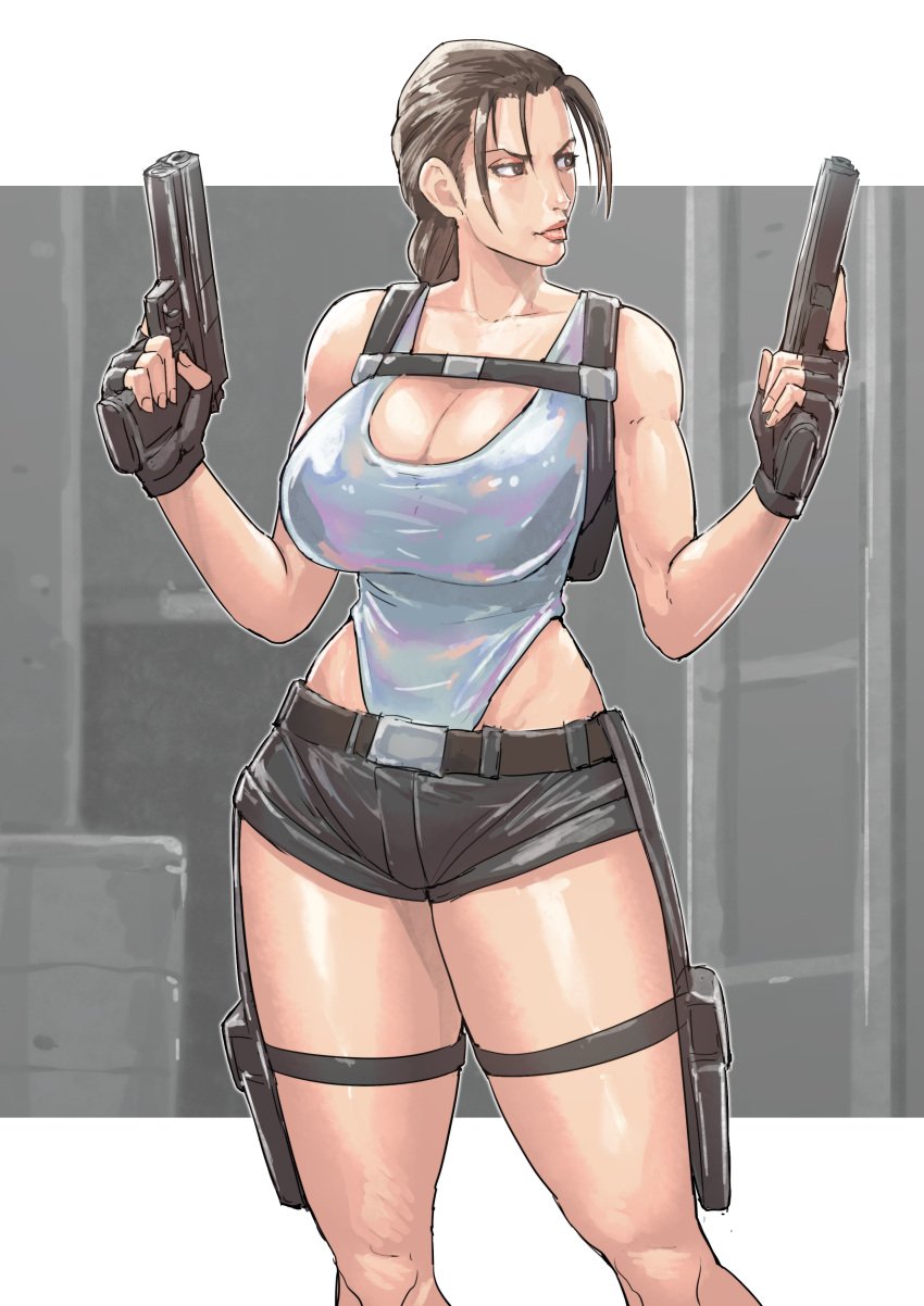 1girls big_breasts breasts brown_eyes brown_hair busty cirenk cleavage female female_focus female_only gun guns hourglass_figure lara_croft lara_croft_(classic) leotard pinup pinup_pose pistol pistol_holster pistol_in_hand pistols solo tagme thong_leotard tomb_raider wide_hips