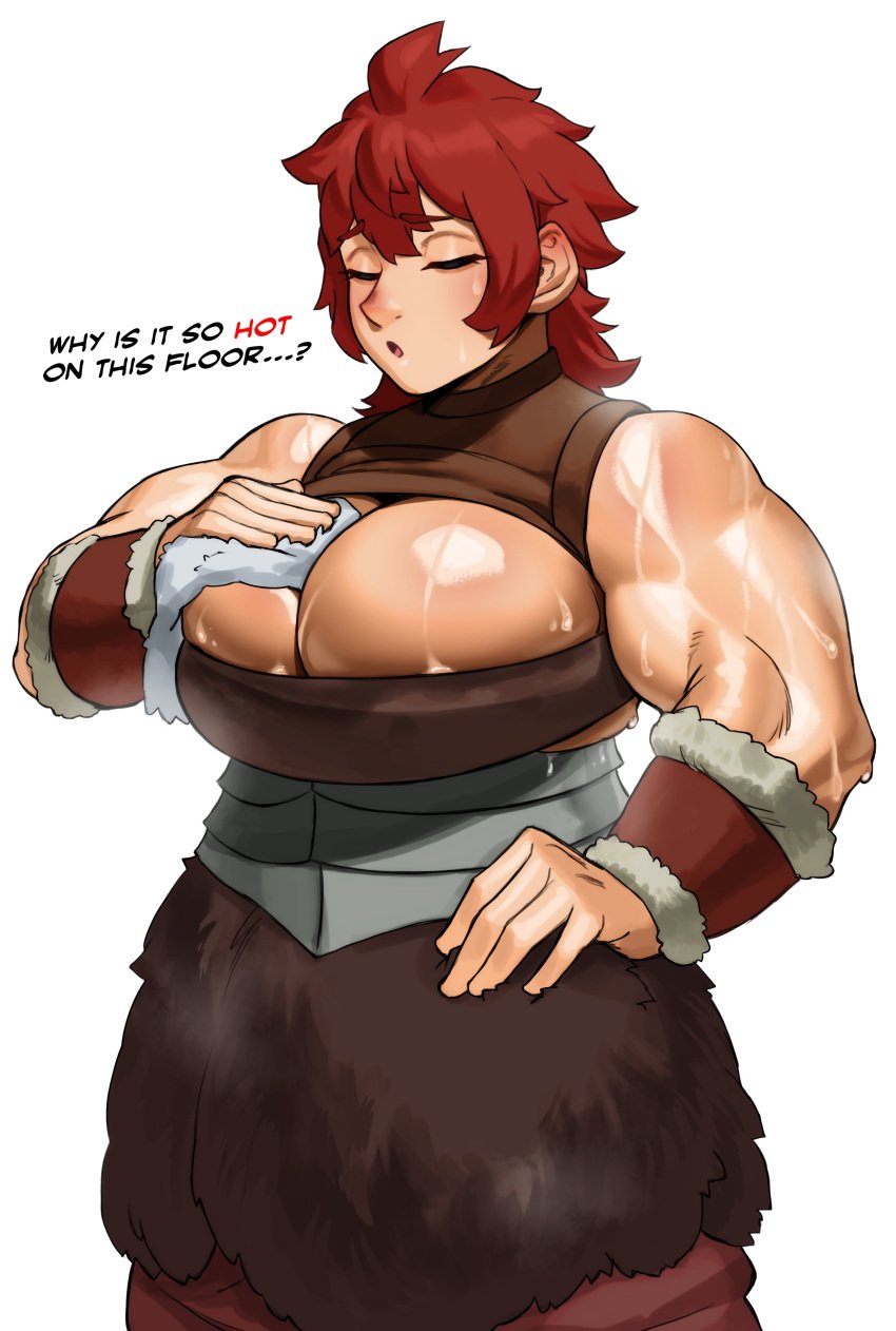 1girls absurd_res big_breasts cleavage closed_eyes delicious_in_dungeon dialogue dungeon_meshi dwarf dwarf_female english_text female female_only muscular muscular_female namari_(dungeon_meshi) red_hair solo sotcho sweat white_background wiping_sweat