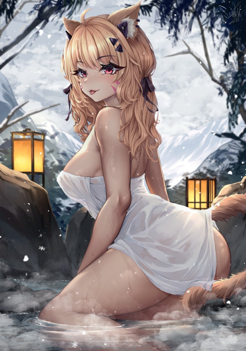 1girls ass blonde_hair breasts cat_ears cat_tail catgirl face_markings female_only naked_towel partially_submerged red_eyes see-through snow solo sosainty squchan_(vtuber) tongue_out towel virtual_youtuber vyugen water wet