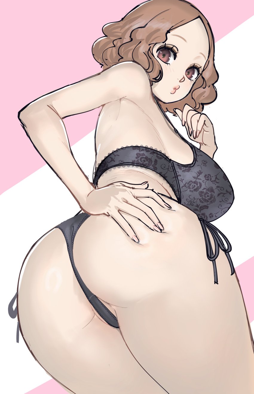 black_bra black_panties bra brown_eyes brown_hair haru_okumura lingerie looking_at_viewer looking_back pale-skinned_female pale_skin panties persona persona_5 persona_5_royal poechan presenting presenting_hindquarters short_hair