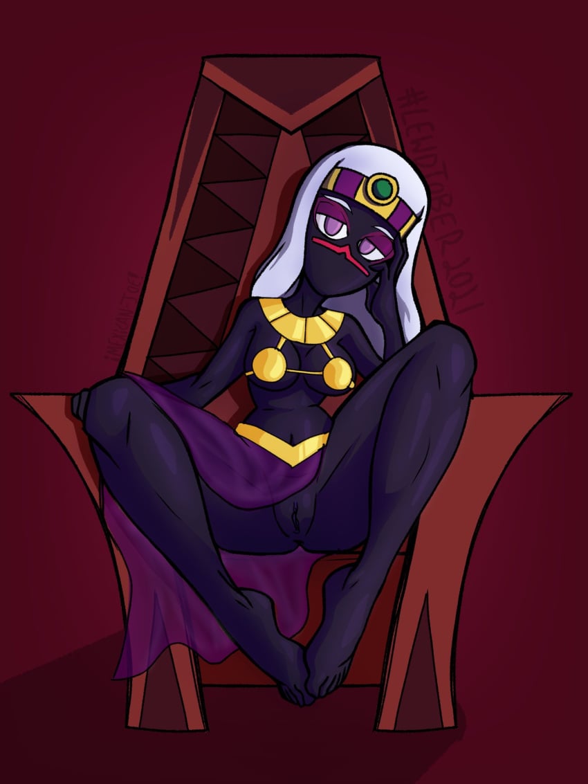 2021 black_body black_skin bra breasts duck_dodgers feet female female_focus female_only legs_apart long_hair mexicanjoe purple_background purple_eyes purple_eyeshadow purple_hair pussy queen_tyr'ahnee thick_thighs thighs warner_brothers