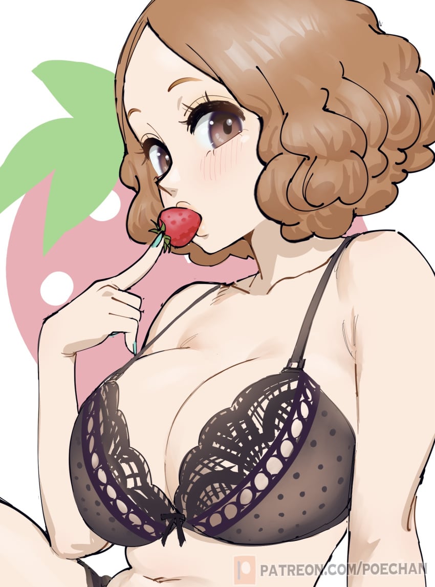 belly_button big_breasts blush bra breast_squeeze breast_squish brown_hair curly_hair eating fluffy haru_okumura looking_at_viewer persona persona_5 poechan purple_eyes short_hair slim_waist strawberry teenager underwear