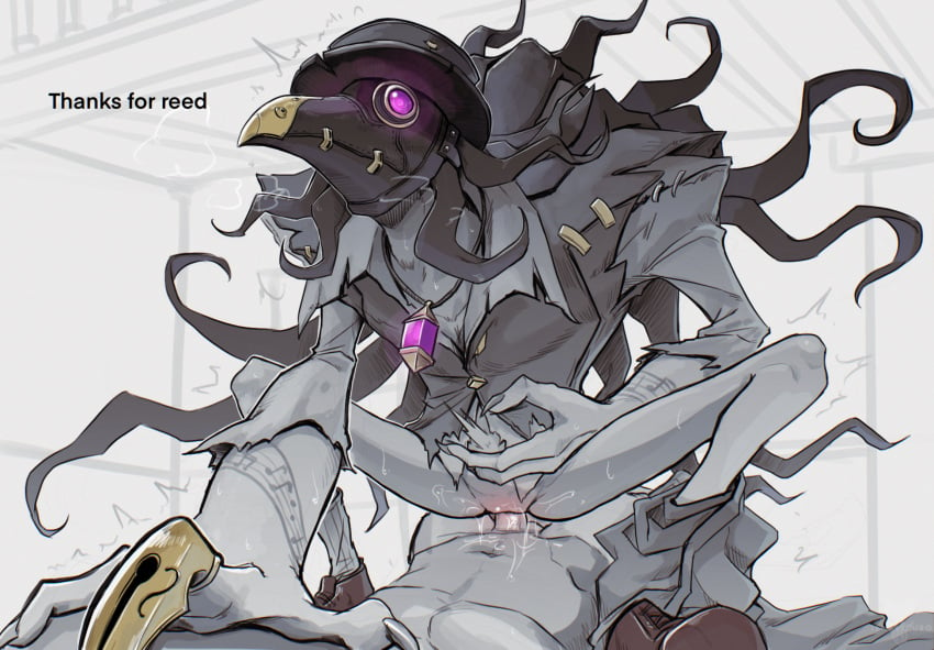 bodily_fluids cowgirl_position hat humanoid identity_v long_hair mask necklace nightmare_(identity_v) penis plague_doctor_mask sex shirt straddling text