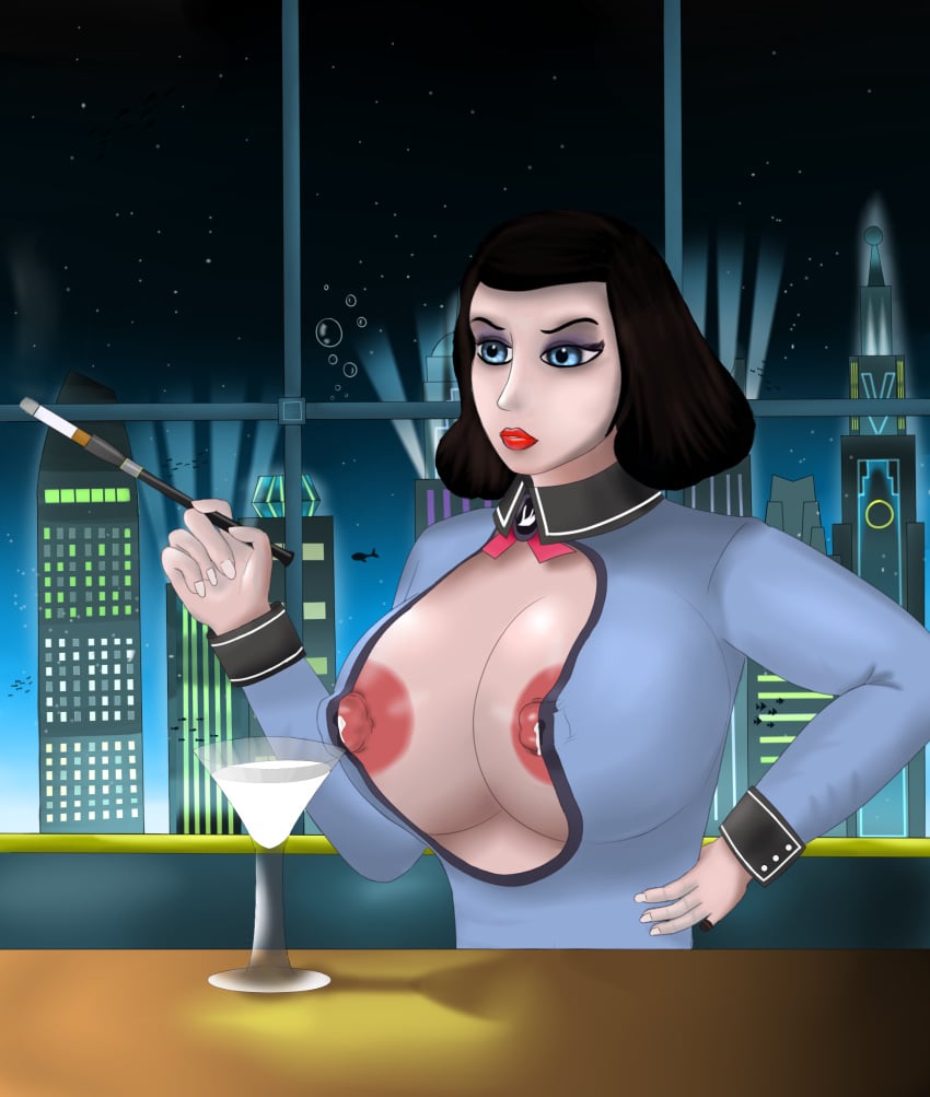 2018 2d areolae big_breasts bioshock bioshock_infinite black_hair blue_eyes breasts burial_at_sea busty cleavage cleavage_cutout elizabeth_comstock elizabeth_comstock_(burial_at_sea) erect_nipples eyeshadow female female_focus female_only lactating lactation large_breasts lipstick long_hair makeup mascara nipple_bulge nipples pale-skinned_female pale_skin ribbon scpony2 shirt tagme