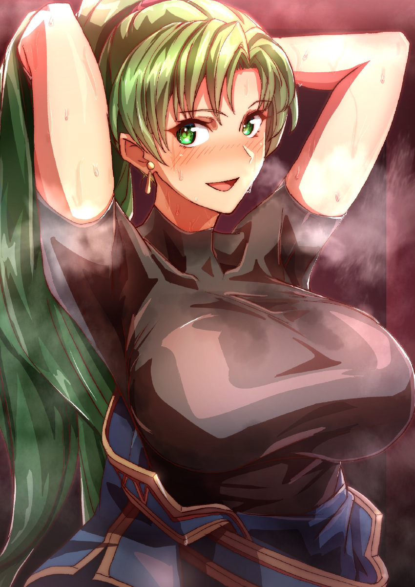 1girls absurdres armpits arms_behind_back big_ass big_breasts black_shirt blush breasts female female_only fire_emblem fire_emblem:_the_blazing_blade green_eyes green_hair heavy_breathing highres large_breasts long_hair looking_at_viewer lyn_(fire_emblem) lyndis_(fire_emblem) musk nintendo ponytail shirt simple_background solo steaming_body sweat sweaty to_(tototo_tk) very_long_hair