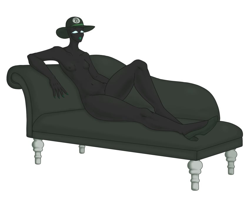 1girls black_skin couch female green_lips hat heels homestuck ms_paint_adventures naked nipples small_breasts snowman_(homestuck) solo the_felt transparent_background white_eyes