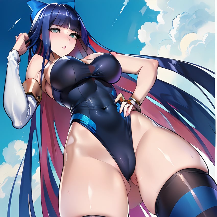 ai_generated anarchy bow clouds disgusted female female_only hips oiled panty_&_stocking_with_garterbelt shoulders stocking stocking_anarchy striped swimsuit thighhighs woman