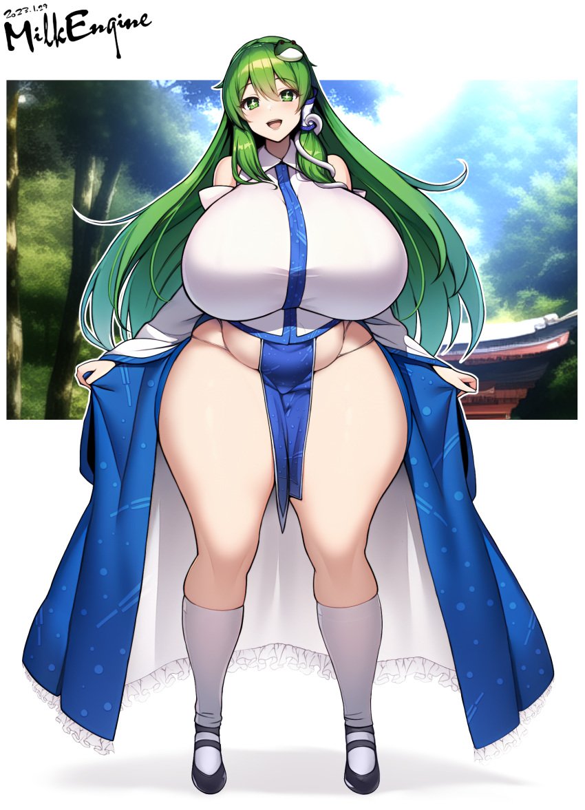 big_breasts bimbo bottomless breasts gigantic_breasts green_hair happy hips huge_breasts huge_hips huge_thighs hyper_breasts kochiya_sanae kyosuke_fujiwara large_breasts long_hair looking_at_viewer massive_breasts milk_engine no_panties plump sanae_kochiya thick_thighs thighs touhou very_long_hair wide_hips