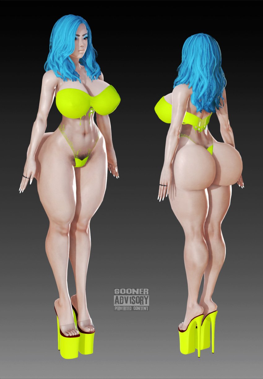 3d 3d_(artwork) abs asian asian_female bimbo black_eyes blue_hair body high_heels ihateasuka jewelry light_blue_hair makeup muscles muscular muscular_female original original_character pale-skinned_female pale_skin platform_heels pubic_hair pubic_hair_peek simple_background skimpy skimpy_clothes