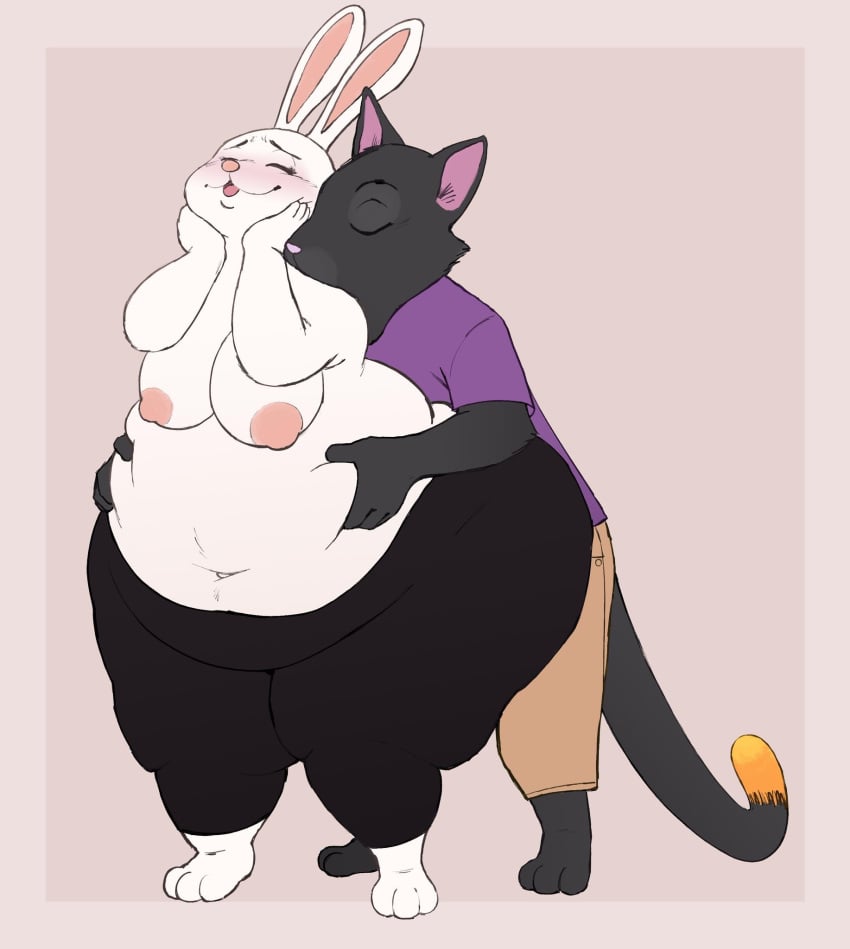 2019 anthro ass belly belly_grab big_belly big_butt black_body black_fur blush closed_eyes clothed clothing domestic_cat duo felid feline felis female fur hi_res hug huge_butt hugging_from_behind kissing_neck lagomorph leporid looking_pleasured male mammal navel neck_kiss obese overweight overweight_female partially_clothed rabbit romantic_ambiance romantic_couple sambaba straight topless white_body white_fur