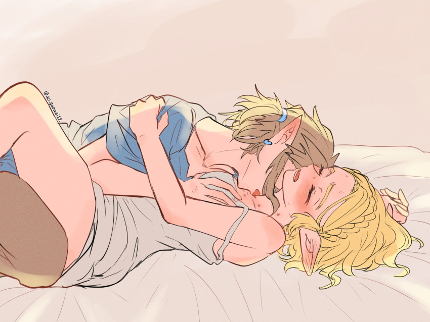 1boy 1boy1girl 1girls aorin arms_around_partner arms_around_waist bare_legs between_legs blonde_hair blush breast_grab breast_squeeze closed_eyes elf elf_ears elf_female embrace female furry_ears furry_tail hugging kissing kissing_neck legs_around_partner legs_held_open legs_spread licking_neck link link_(tears_of_the_kingdom) lying_down lying_on_bed male princess_zelda sleeveless_shirt spread_legs tears_of_the_kingdom the_legend_of_zelda wholesome zelda_(tears_of_the_kingdom)