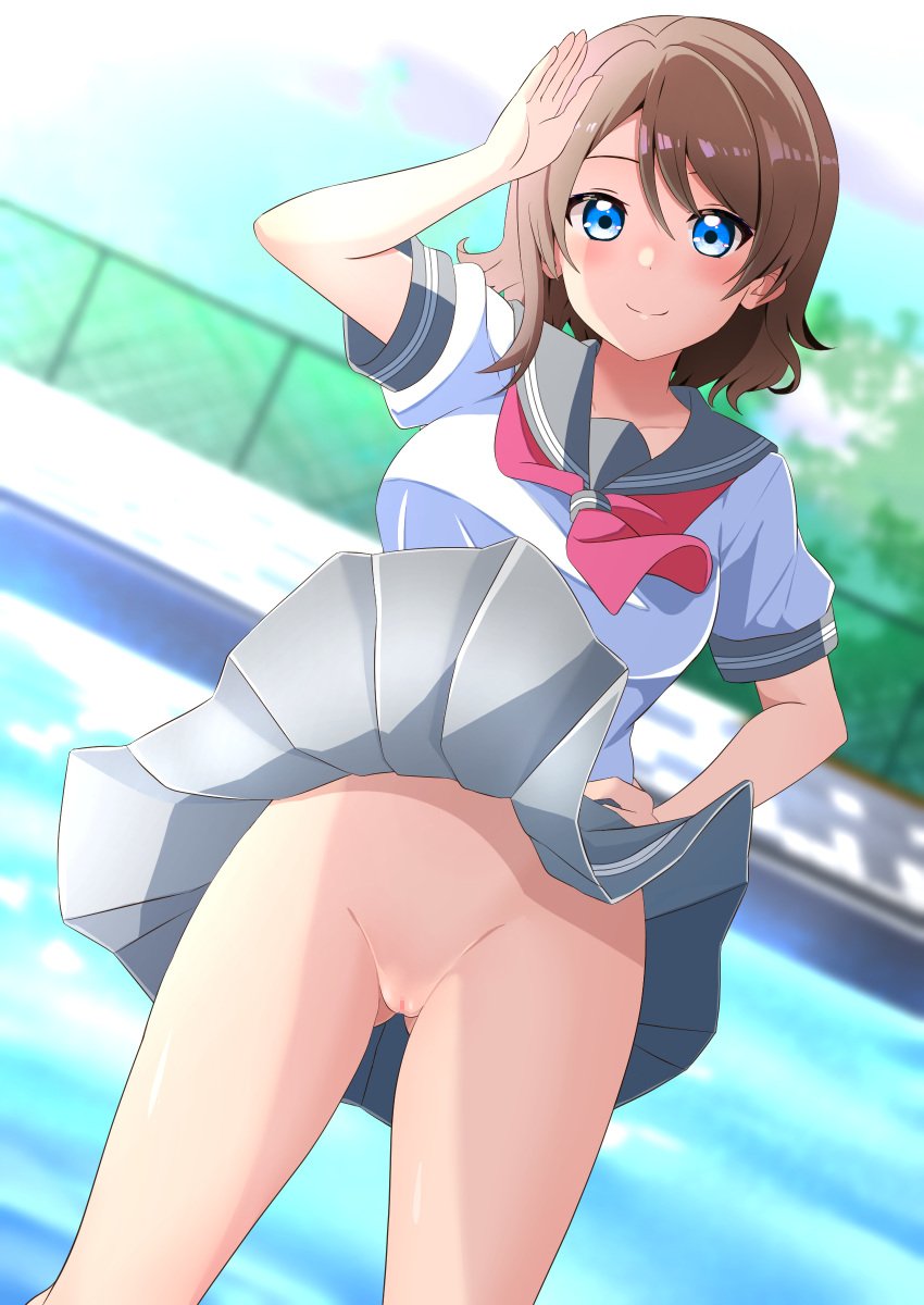 1girls absurdres blue_eyes blush breasts brown_hair censored commission female grey_sailor_collar grey_skirt hand_on_own_hip highres kisaragi_setsu_(mssk8485) light_blush looking_at_viewer love_live! love_live!_sunshine!! medium_breasts necktie no_panties pixiv_commission pleated_skirt pool pussy red_necktie sailor_collar salute school_uniform serafuku shirt short_hair short_sleeves skirt smile solo uranohoshi_school_uniform watanabe_you white_shirt wind wind_lift