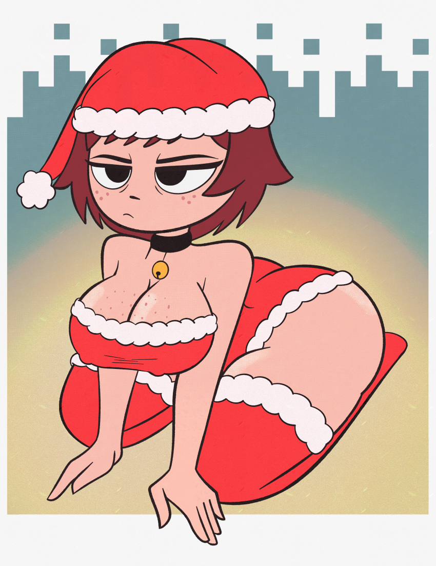 1girls bell bell_collar black_eyes christmas christmas_hat christmas_headwear christmas_outfit codykins123 female freckles freckles_on_breasts freckles_on_face kim_pine kneeling legwear nipple_bulge red_hair red_legwear scott_pilgrim short_hair solo solo_female stockings thighhighs