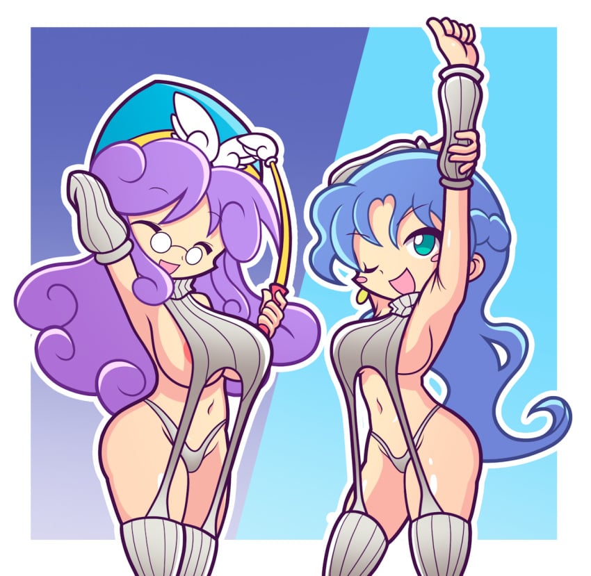 2girls accord_sensei ass big_ass big_breasts blue_hair breasts closed_eyes exposed_nipples furii_(artist) glasses green_eyes huge_breasts large_breasts long_hair madou_monogatari multiple_girls one_eye_closed purple_hair puyo_puyo puyo_puyo_fever rulue thick_thighs thighs virgin_killer_sweater wink