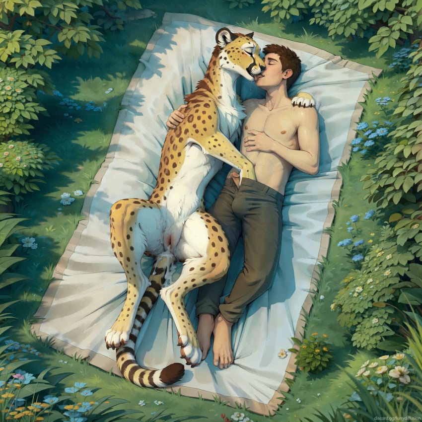 1boy 1girls 2024 after_sex after_vaginal ai_assisted animal_genitalia animal_pussy barefoot bedding blanket bodily_fluids bottomwear brown_hair bulge cheetah claws closed_eyes clothing cum cum_in_pussy cum_inside cum_on_ground cum_on_tail cum_overflow detailed detailed_fur duo feet felid feline female feral flower fluffy french_kissing genital_fluids genitals grass hair hand_in_pants hand_on_back hand_on_shoulder hi_res high-angle_view human human_on_feral humanoid_genitalia humanoid_penis imminent_sex interspecies kissing lying male male/female male_on_feral mammal on_back outside pants penis plant pussy quadruped saliva shirtless_male terraraptor toe_claws tongue whiskers zoophilia