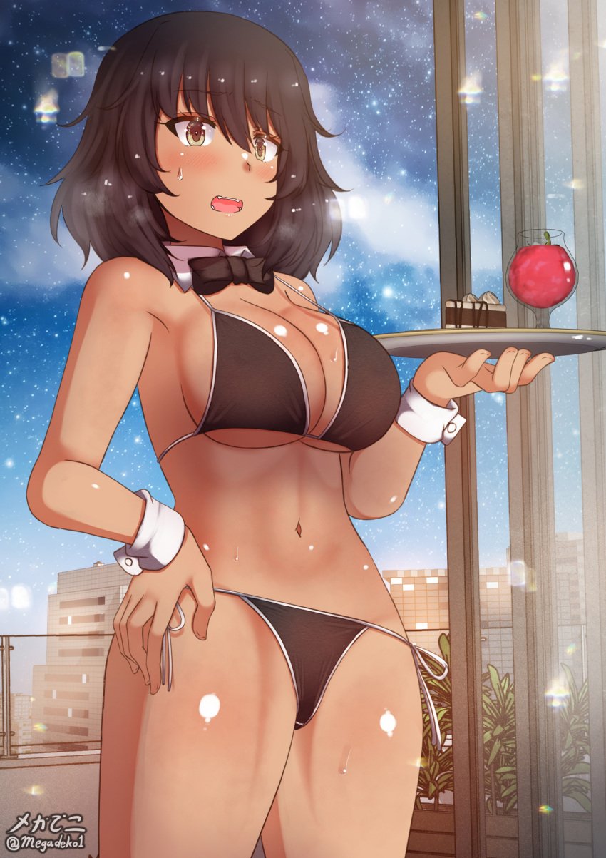 1girls andou_(girls_und_panzer) aquaegg bikini black_bikini black_bow black_bowtie black_hair blush bow bowtie breasts brown_eyes cake cleavage cute dark-skinned_female female food fringe girls_und_panzer hand_on_own_hip highres large_breasts medium_hair navel open_mouth petite plate seductive_look short_hair side-tie_bikini_bottom slim solo swimsuit tan_skin teenager waitress