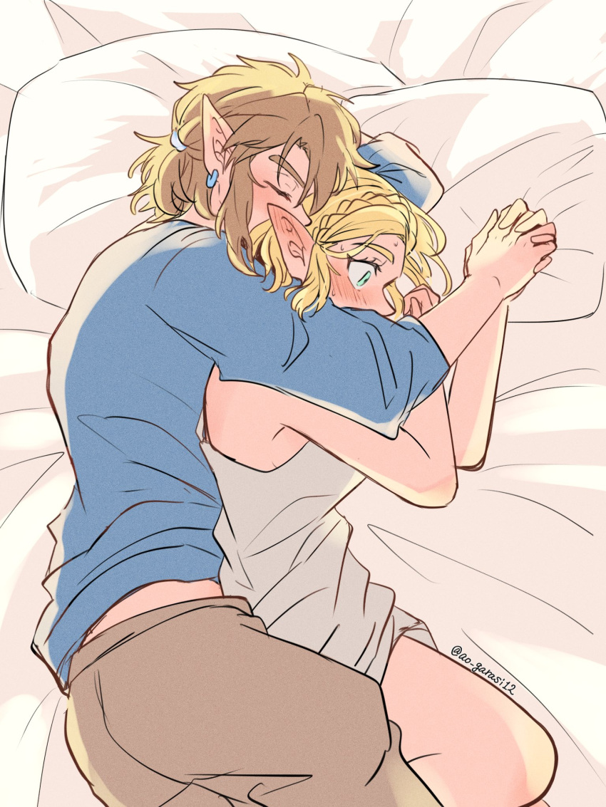 1boy 1boy1girl 1girls aorin blonde_hair blush cuddling elf elf_ears elf_girl embarrassed embarrassed_female female holding_hands hugging intimate link link_(tears_of_the_kingdom) lying_on_side male princess_zelda shoulderless_shirt sleeping sleeveless_shirt tears_of_the_kingdom the_legend_of_zelda thick_thighs wholesome zelda_(tears_of_the_kingdom)