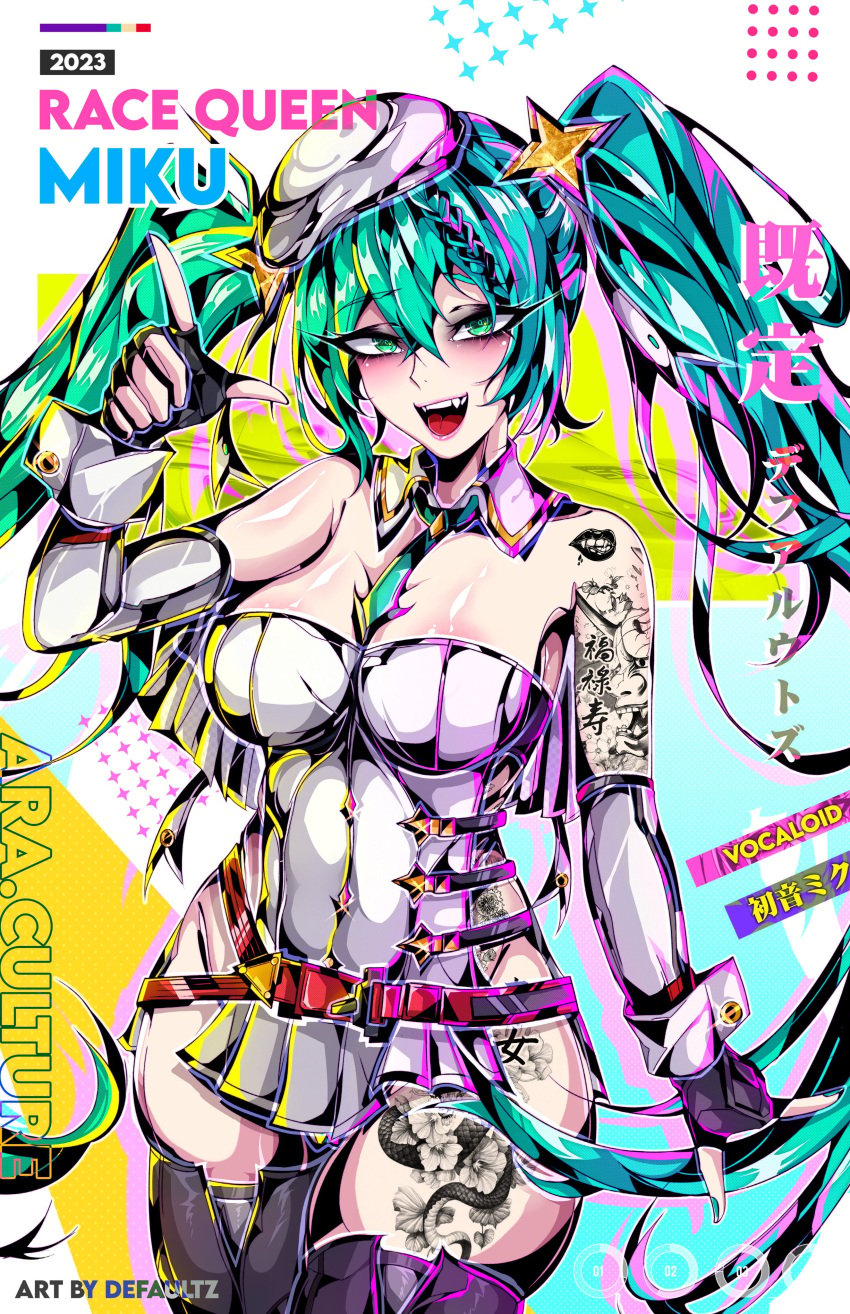 absurdres arm_tattoo artist_name bare_shoulders beret black_gloves black_thighhighs braid breasts character_name defaultz detached_collar detached_sleeves dress eyeshadow female fingerless_gloves gloves green_eyes green_hair green_nails green_necktie hair_ornament hat hatsune_miku highres large_breasts leg_tattoo makeup necktie oerba_yun_fang open_mouth pelvic_curtain race_queen racing_miku racing_miku_(2023) sideless_outfit star_(symbol) star_hair_ornament strap tattoo thighhighs thighs tongue twintails vocaloid white_dress white_headwear