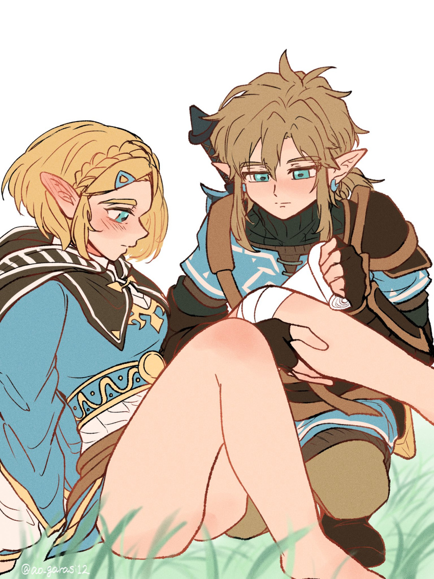 1boy 1boy1girl 1girls aorin bandage bandaged_leg bare bare_legs blonde_hair blue_eyes blush elf elf_ears female hoodie hurt link link_(tears_of_the_kingdom) male pretty_boy princess_zelda sitting_down sitting_on_floor tears_of_the_kingdom the_legend_of_zelda thick_thighs wholesome zelda_(tears_of_the_kingdom)