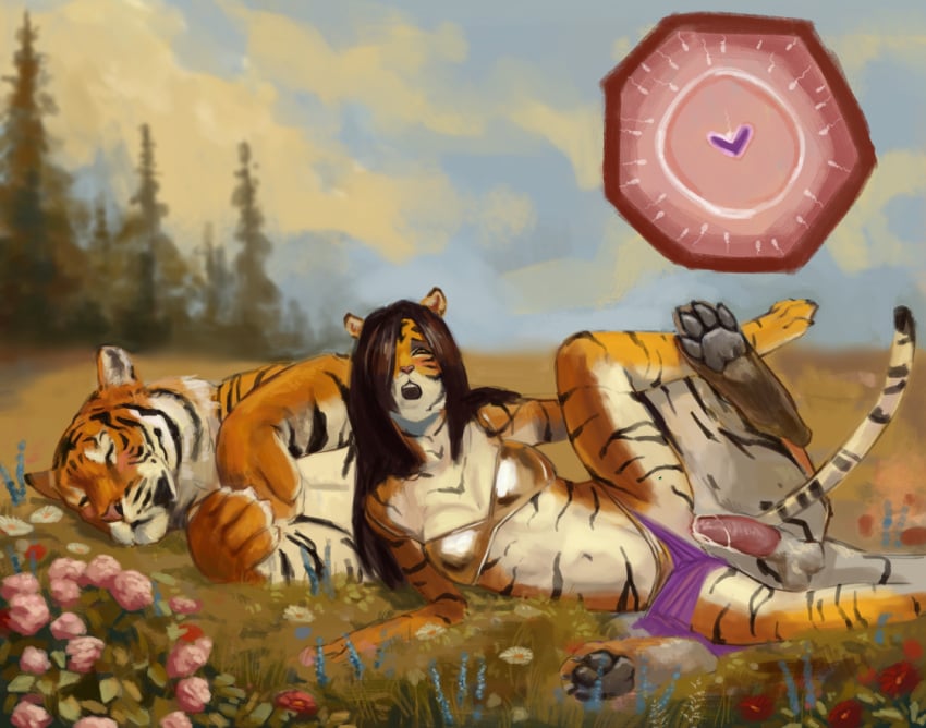 anthro anthro_on_feral bodily_fluids breasts cleavage clothed clothing cum cum_inside duo felid feline female feral genital_fluids hornyfoxjade impregnation male male/female mammal pantherine pawpads paws pelvic_curtain tiger zoophilia