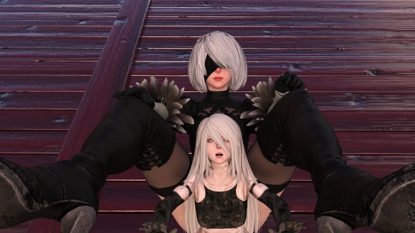 2girls 3d blindfold breasts female female_only fulakenasi giantess hairband light-skinned_female light_skin long_hair low-angle_view macro micro mini_giantess nier nier:_automata short_hair size_difference white_hair yorha_2b yorha_a2