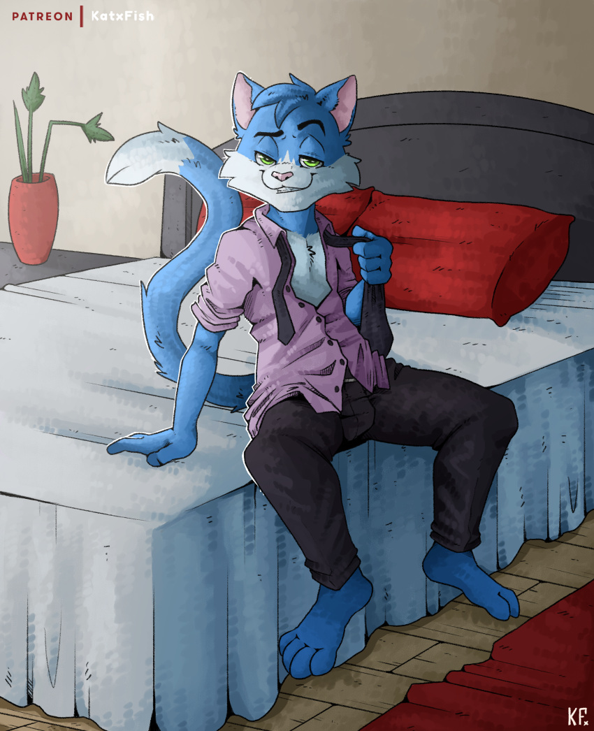 absurd_res aletails_saru anthro anthro_only bed bedroom clothing domestic_cat felid feline felis flirting flirting_with_viewer furniture hi_res katxfish male male_only mammal on_bed sitting sitting_on_bed solo undressing