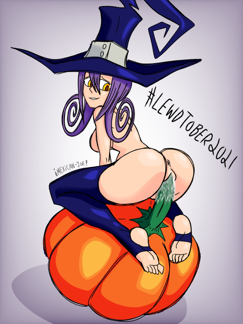 2021 anus ass blair_(soul_eater) breasts curly_hair feet female female_focus female_only long_hair looking_back mexicanjoe pumpkin purple_background purple_hair pussy soul_eater thighhighs thighs vaginal_insertion witch witch_hat yellow_eyes