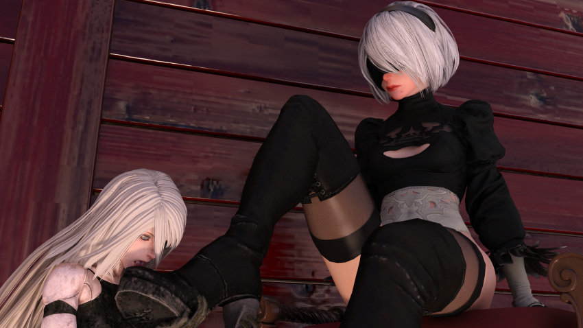 2girls 3d blindfold breasts feet female female_only foot_fetish fulakenasi giantess hairband high_heels licking licking_foot light-skinned_female light_skin long_hair macro micro mini_giantess nier nier:_automata short_hair size_difference thighhighs white_hair yorha_2b yorha_a2