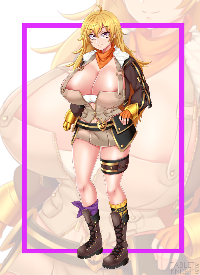 1girls areola_slip big_breasts breasts cleavage curvy ember_celica female full_body huge_breasts long_hair nipple_bulge posing prosthetic prosthetic_arm robotic_arm rwby seductive skirt solo standing tabletknight yang_xiao_long