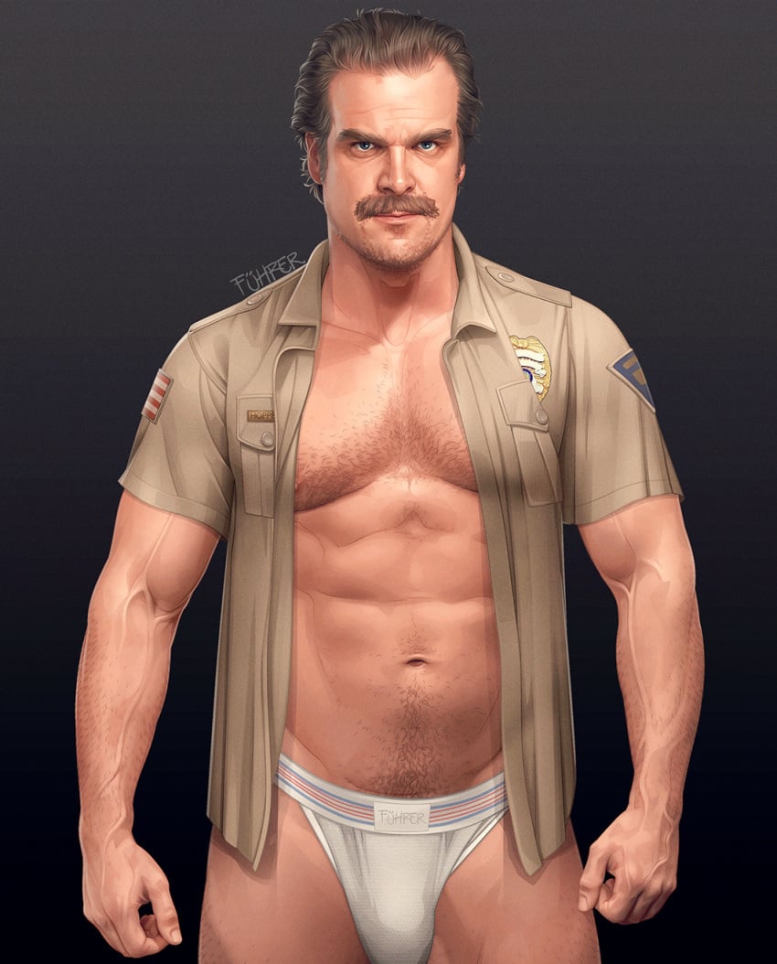 1boy 5_fingers abs arm_hair artist_signature badge beefy biceps blue_eyes body_hair brown_hair celebrity chest_hair clothing collared_shirt color cop cowboy_shot dadbod daddy david_harbour digital_media_(artwork) dilf facial_hair feet_out_of_frame front_view fuhrer_(artist) fuhrerdoodles gradient_background hairy_chest hairy_legs happy_trail human jim_hopper jockstrap light-skinned_male looking_at_viewer male male_only manly masculine mature_male mostly_clothed muscles muscular_male mustache name_tag navel open_shirt open_topwear partially_clothed pecs penis_bulge plain_background police police_badge police_chief police_officer police_uniform policeman realistic shirt shirt_pocket sideburns slicked_back_hair solo standing stranger_things stubble tan_shirt thick_eyebrows thick_thighs topwear uncensored underwear underwear_bulge uniform vein veins veiny_arms veiny_hands veiny_muscles water white_jockstrap white_male white_underwear work_uniform