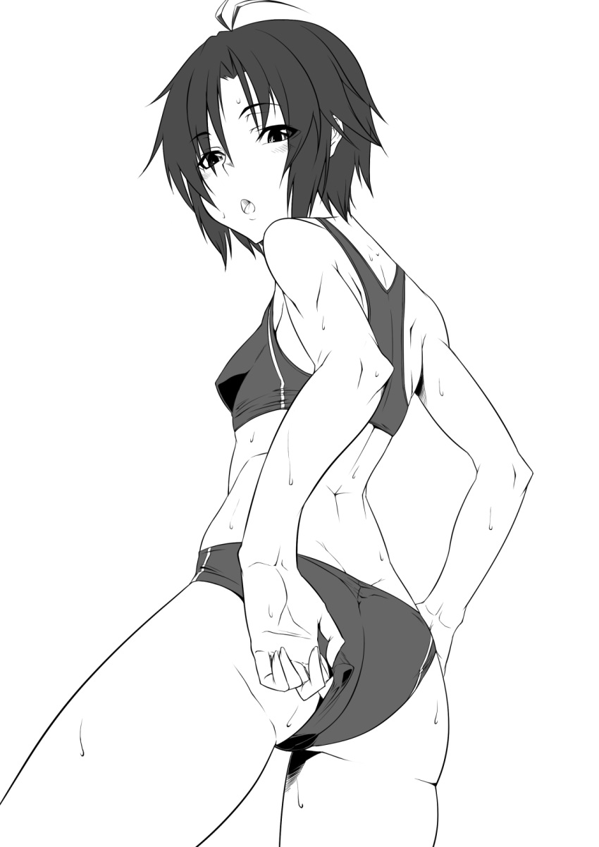 1girls ahoge idolmaster k-you_(pixiv) kikuchi_makoto looking_back makoto_kikuchi monochrome open_mouth short_hair solo sports_bra sweat tomboy