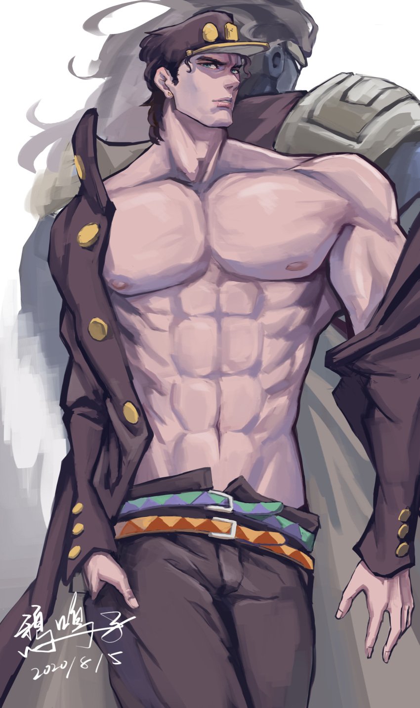 1boy artist_signature dated jojo's_bizarre_adventure jotaro_kujo male male_nipples male_only muscular_male pecs stand_(jjba) star_platinum stardust_crusaders