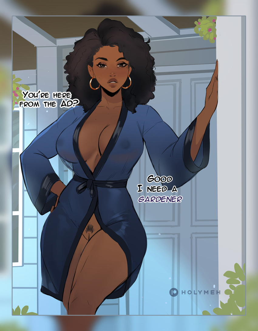 1girls 2d bathrobe blush boni_(holymeh) brown_eyes brown_hair curly_hair dark-skinned_female dark_skin earrings exposed_pussy holymeh large_breasts leaning nipples_visible_through_clothing original_character pubic_hair pussy see-through text thighs vagina