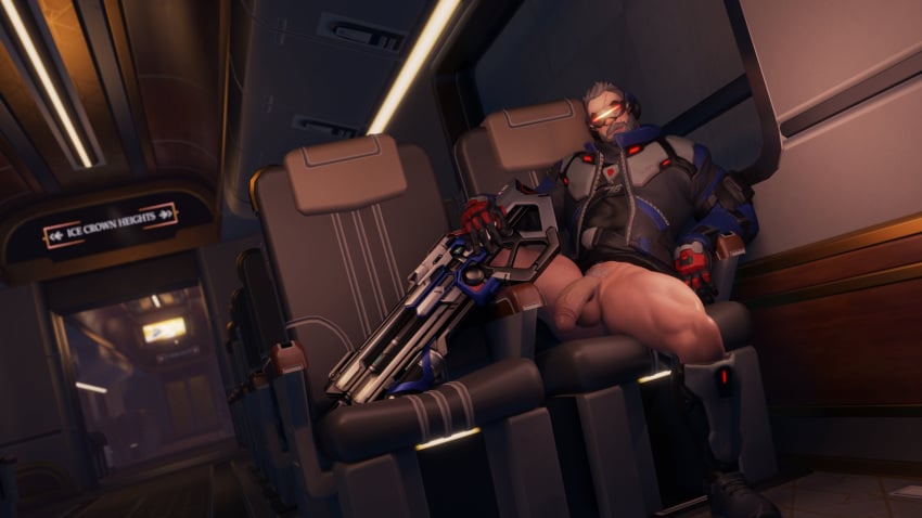 1boy balls bottomless male male_focus male_only muscular muscular_male noches_nsfw overwatch overwatch_2 penis soldier_76 solo solo_focus solo_male