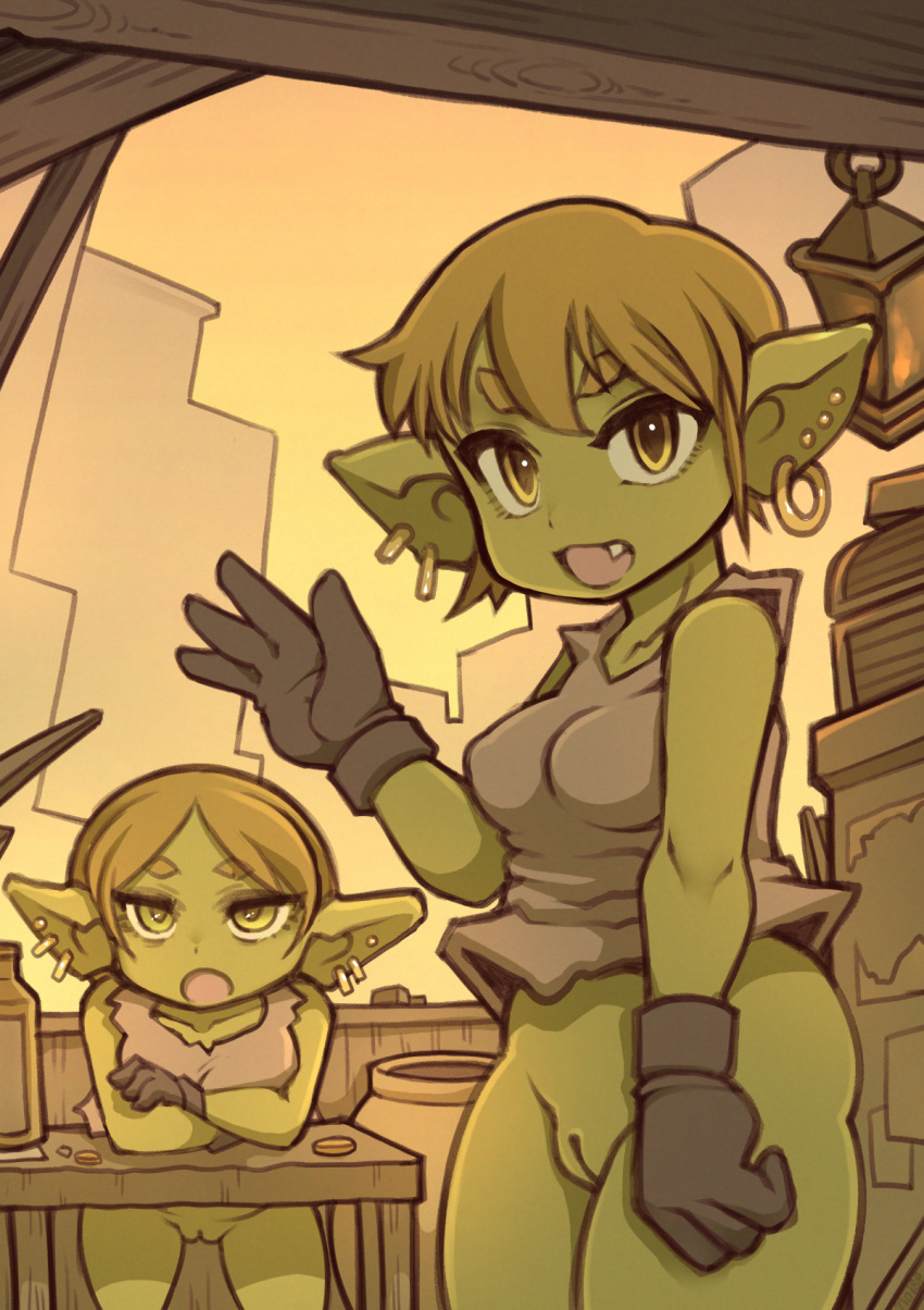 2024 4_fingers bottomless clothed clothing digital_media_(artwork) duo eyebrows female fingers genitals gloves goblin goblin_female green_body hair handwear hi_res humanoid looking_at_viewer noise_(artist) pussy