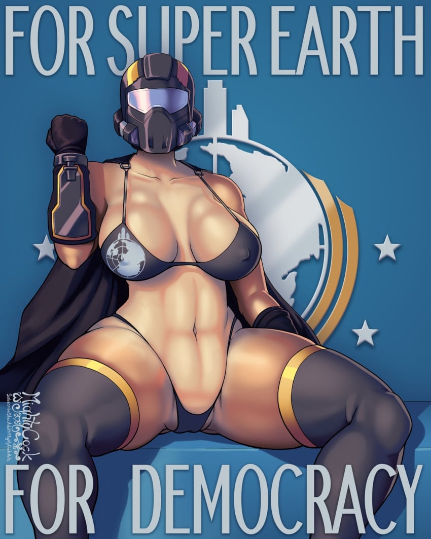 1girls 2d armor bikini boobs female female_only helldiver_(helldivers) helldivers helldivers_2 mightycock military propaganda tagme text