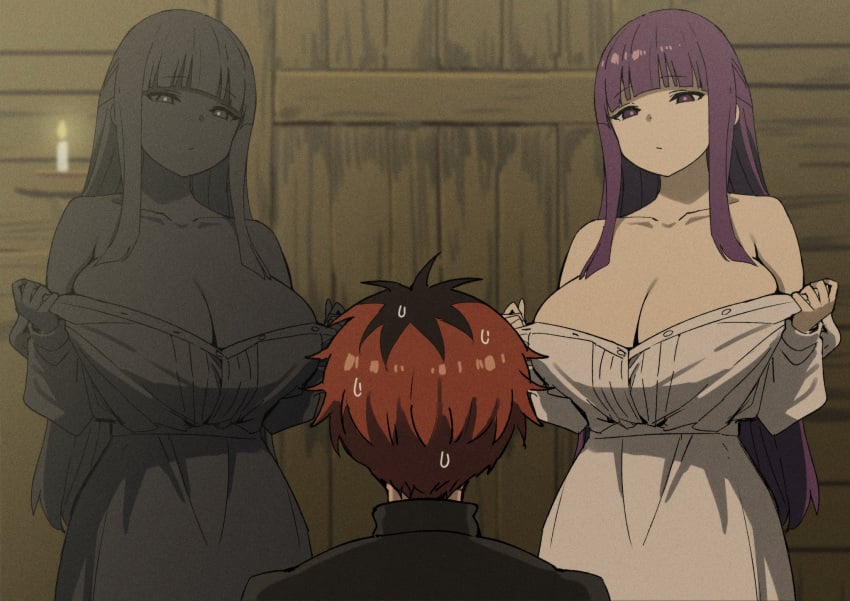 1boy 2girls bangs big_breasts black_hair breasts cleavage female fern_(sousou_no_frieren) light-skinned_female light_skin male multicolored_hair purple_eyes purple_hair red_hair short_hair sidelocks sky_(freedom) sousou_no_frieren stark_(sousou_no_frieren) unseen_male_face