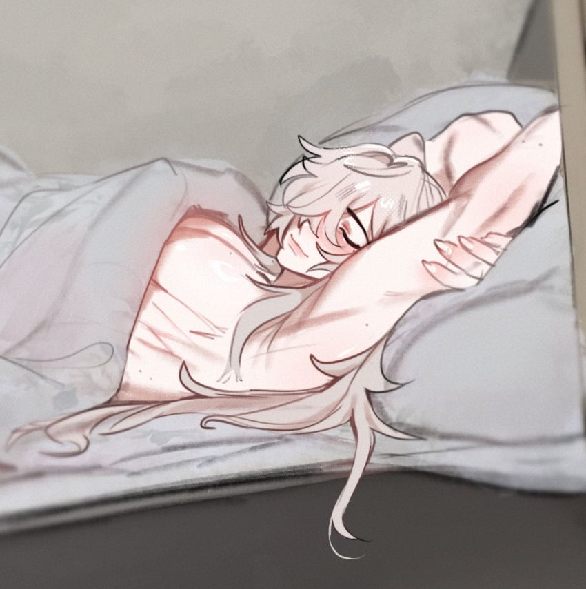 1boy arms_above_head arms_behind_head arms_up bed bedroom closed_eyes honkai:_star_rail honkai_(series) ilewdha jing_yuan long_hair muscular sketch sleeping smile smiling solo solo_focus solo_male under_covers white_hair