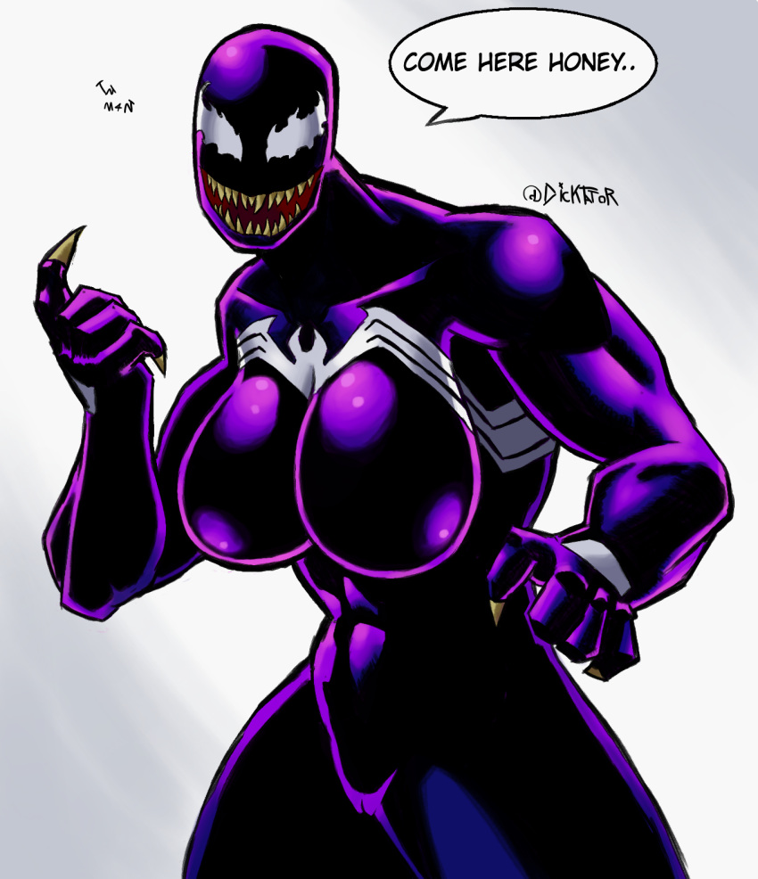 abs big_breasts breasts breasts_bigger_than_head dicktator66 female living_clothes looking_at_viewer marvel marvel_comics muscular muscular_arms muscular_female pointy_teeth shiny shiny_clothes smile smiling smiling_at_viewer speech_bubble spider-man_(series) symbiosis symbiote symbiote_suit talking_to_viewer venom venom_(marvel)