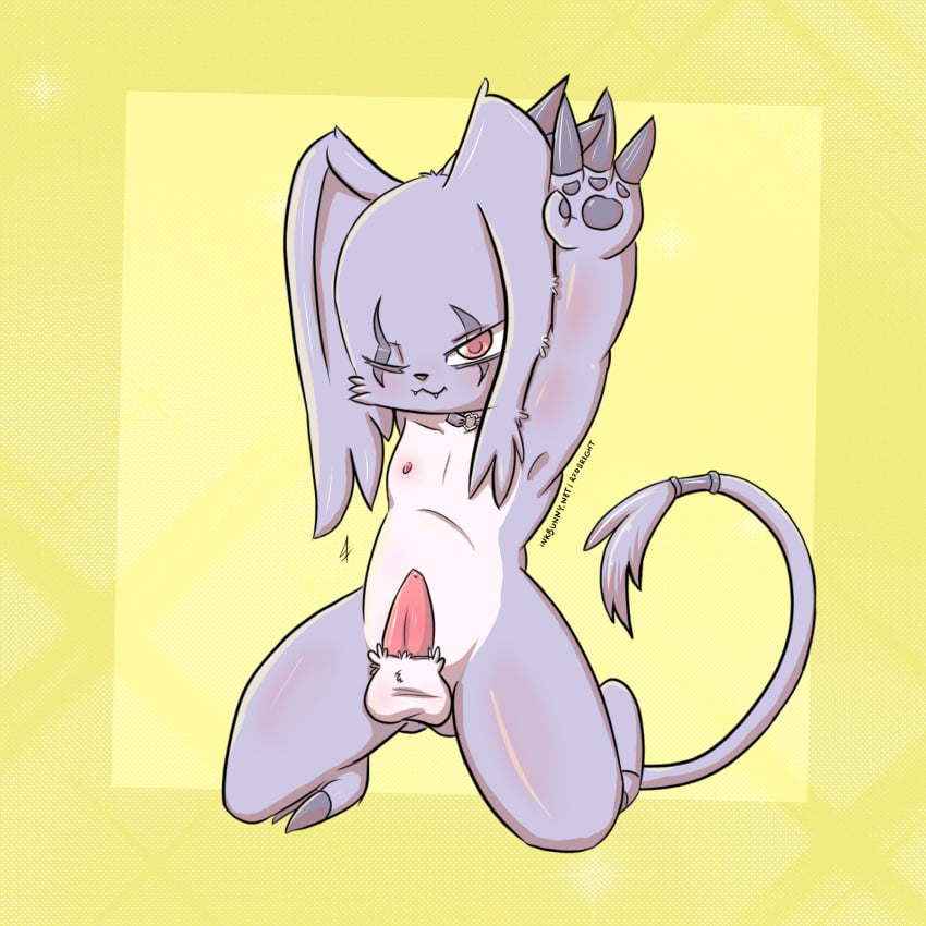 1:1 claws collar digimon digimon_(species) erection felid fur gazimon genitals hi_res hybrid lagomorph looking_at_viewer male male_only mammal nipples nude penis raised_arm red_eyes redbright simple_background smile solo