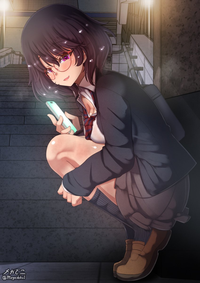 1girls aquaegg black_hair blush breast_squeeze breasts cellphone cleavage female full_body glasses highres iphone large_breasts looking_at_viewer open_mouth original phone purple_eyes school_uniform short_hair skirt smartphone smile solo squatting